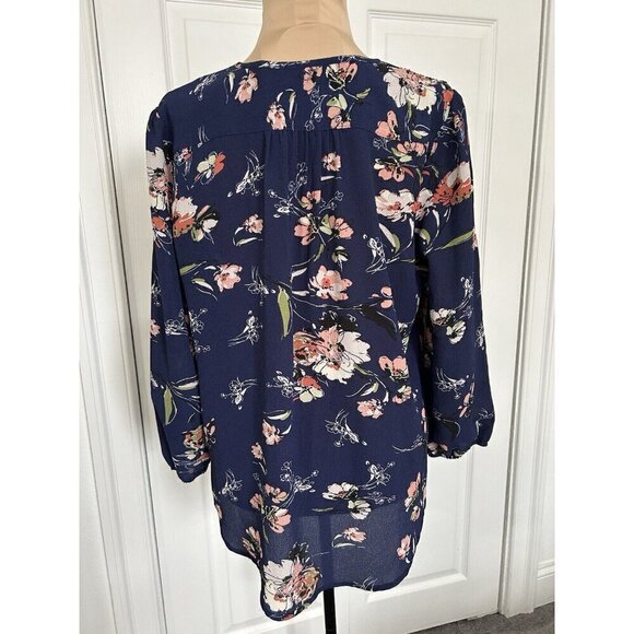 Fun2Fun Navy Blue Floral Boho Kenmore Split Neck Stretch Blouse Size S - Picture 4 of 9